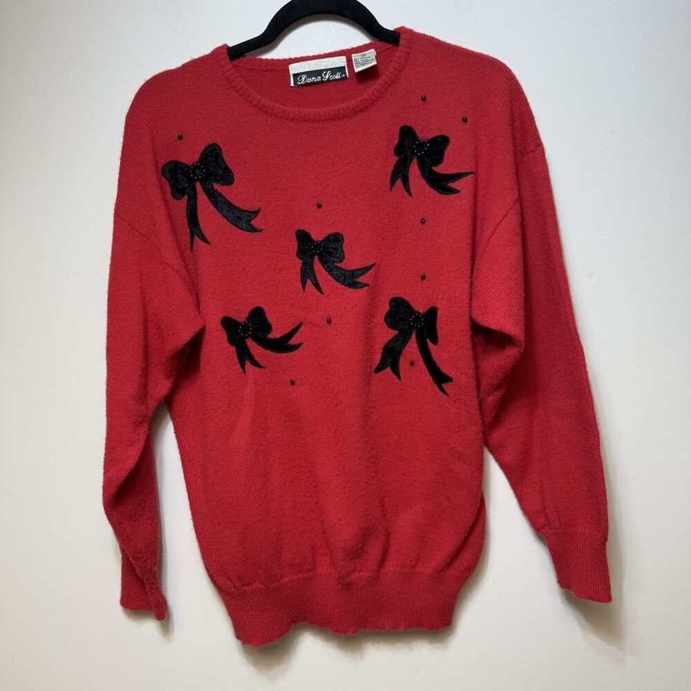 Vintage 80s Dana Scott Sweater Red Black Bows  Womens M Beaded Accents - Picture 2 of 5